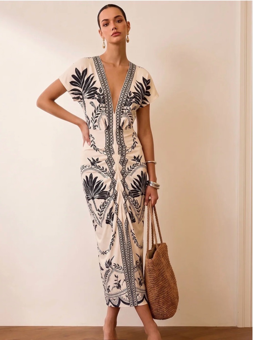 Elegant Cream Maxi Dress with Black Botanical Print